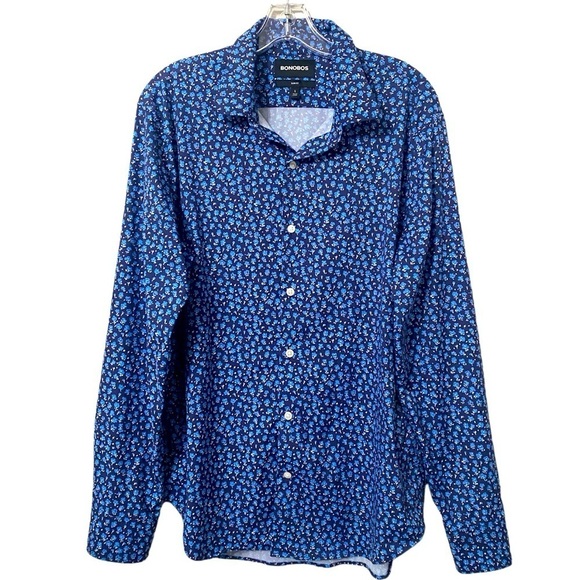 Bonobos Tech Slim Fit Blue Floral Button Down Long Sleeve Shirt - Picture 2 of 6